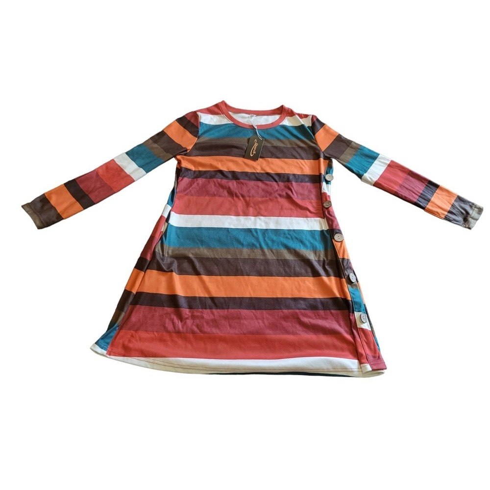 Ofeefan‎ Striped Multicolor Shirt Dress Womens Sz L Long Sleeve Boho Casual NWT
